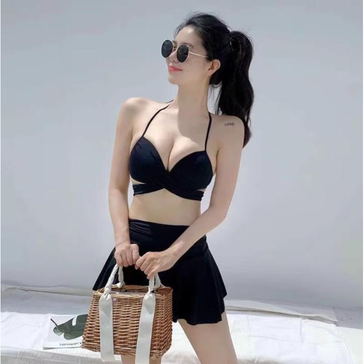 Black White Women High Waist Cross Wrap 3 Pcs Bikini Skirt Set Ruffle Hem Beach Swimw