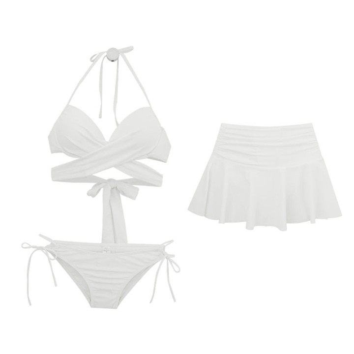 Black White Women High Waist Cross Wrap 3 Pcs Bikini Skirt Set Ruffle Hem Beach Swimw