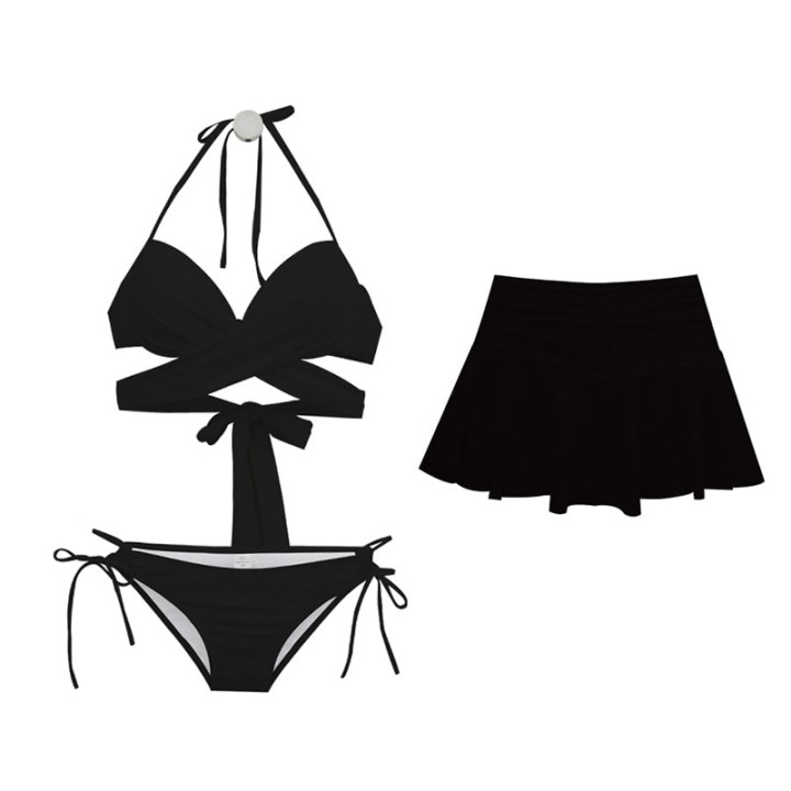Black White Women High Waist Cross Wrap 3 Pcs Bikini Skirt Set Ruffle Hem Beach Swimw