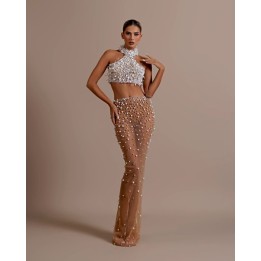 Fashion Women  Off The Shoulder Pearl Beading 2 Pieces Bodycon Long Dress Mesh See Th