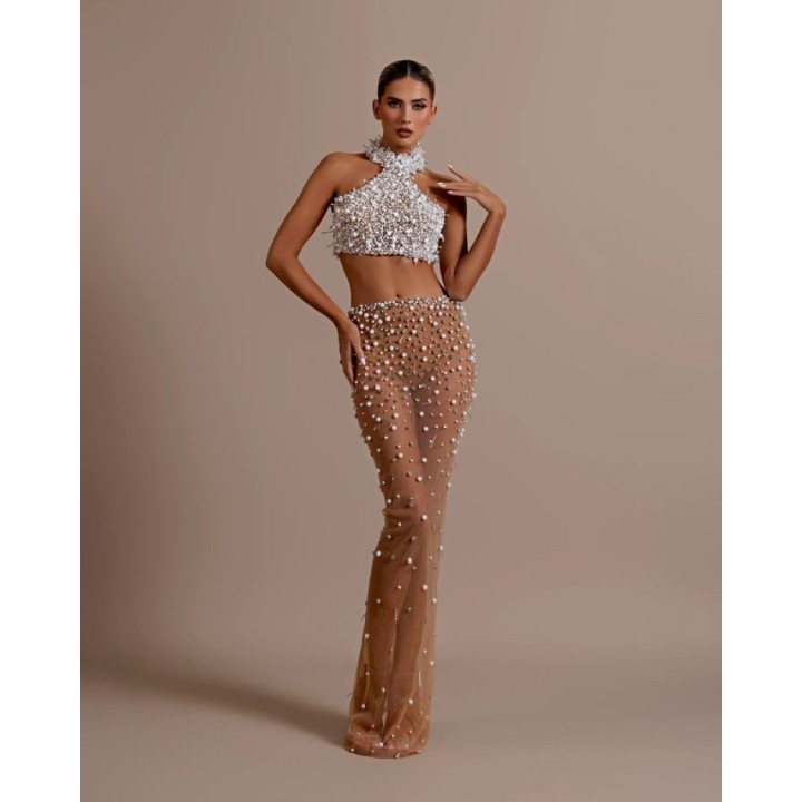 Fashion Women  Off The Shoulder Pearl Beading 2 Pieces Bodycon Long Dress Mesh See Th