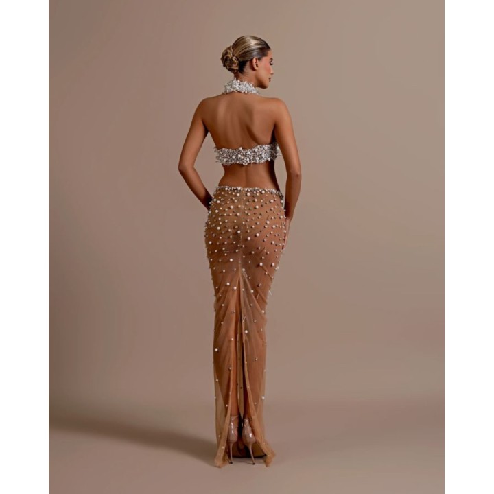 Fashion Women  Off The Shoulder Pearl Beading 2 Pieces Bodycon Long Dress Mesh See Th