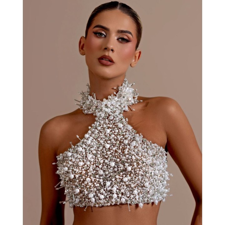 Fashion Women  Off The Shoulder Pearl Beading 2 Pieces Bodycon Long Dress Mesh See Th