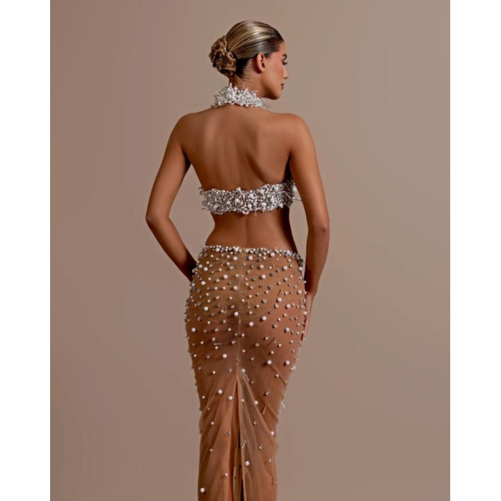 Fashion Women  Off The Shoulder Pearl Beading 2 Pieces Bodycon Long Dress Mesh See Th