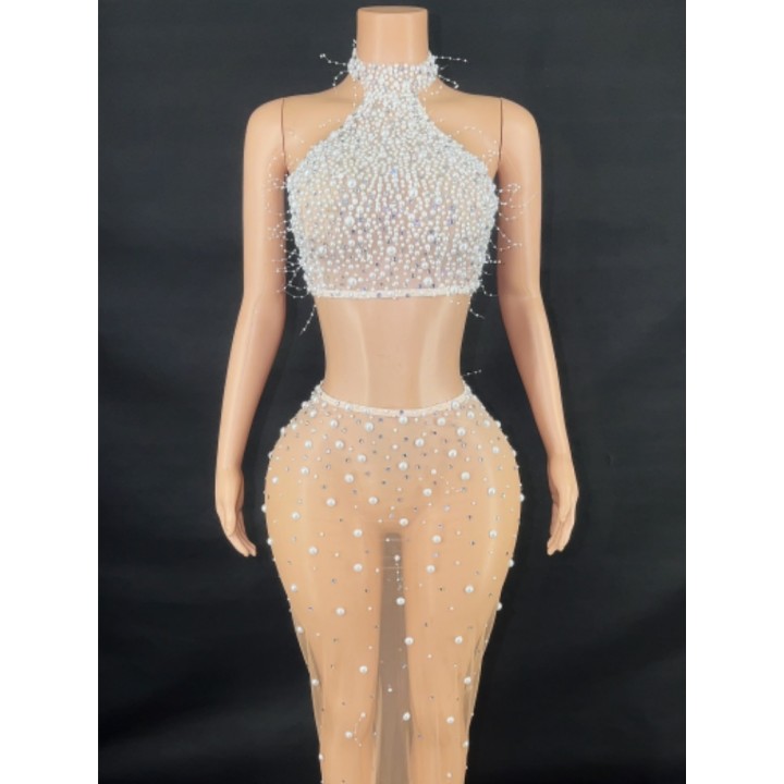 Fashion Women  Off The Shoulder Pearl Beading 2 Pieces Bodycon Long Dress Mesh See Th