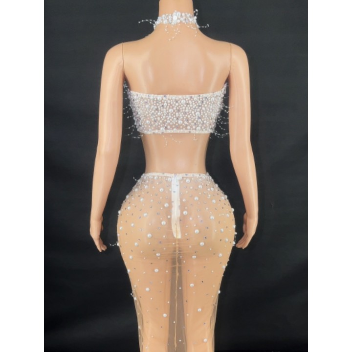 Fashion Women  Off The Shoulder Pearl Beading 2 Pieces Bodycon Long Dress Mesh See Th