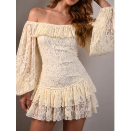Womens Long Puff Sleeve Ruffle Tiered Hem Bodycon Short Dress Off Shoulder Lace Mini 