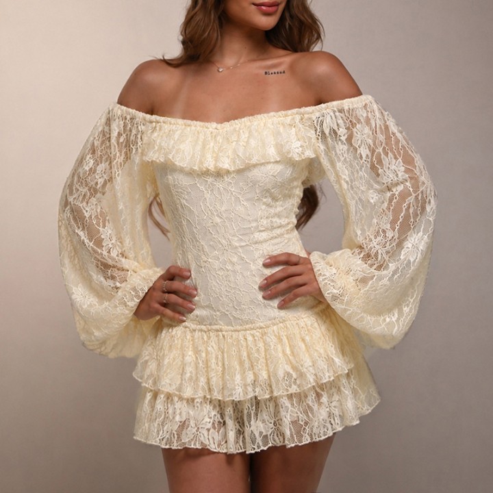 Womens Long Puff Sleeve Ruffle Tiered Hem Bodycon Short Dress Off Shoulder Lace Mini 