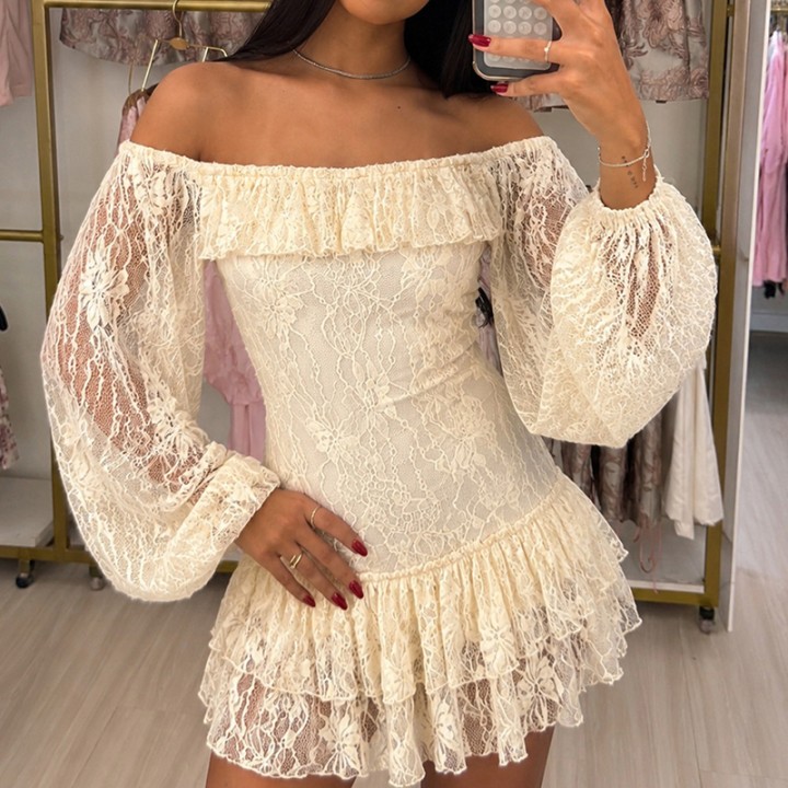 Womens Long Puff Sleeve Ruffle Tiered Hem Bodycon Short Dress Off Shoulder Lace Mini 