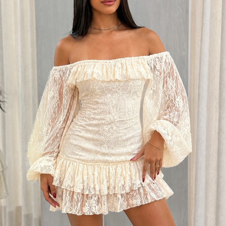 Womens Long Puff Sleeve Ruffle Tiered Hem Bodycon Short Dress Off Shoulder Lace Mini 