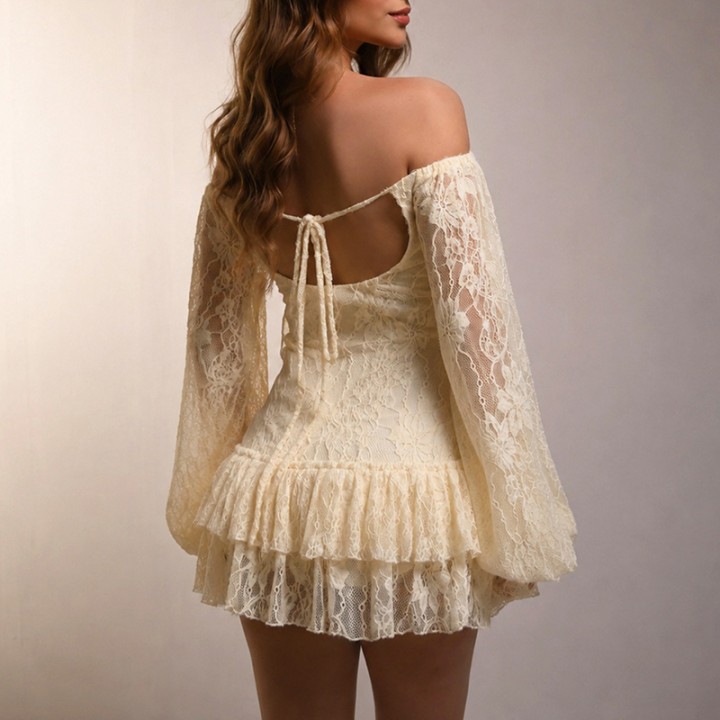 Womens Long Puff Sleeve Ruffle Tiered Hem Bodycon Short Dress Off Shoulder Lace Mini 
