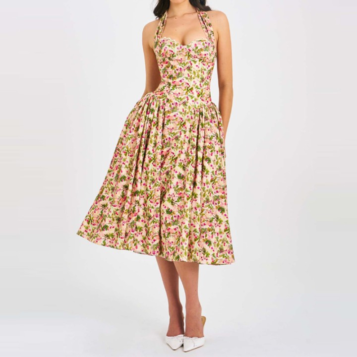 Women Floral Print Loose Boho Dress Halter Corset Bust Pleated Swing A‑line Long Dr