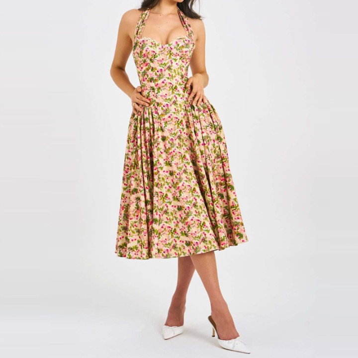 Women Floral Print Loose Boho Dress Halter Corset Bust Pleated Swing A‑line Long Dr