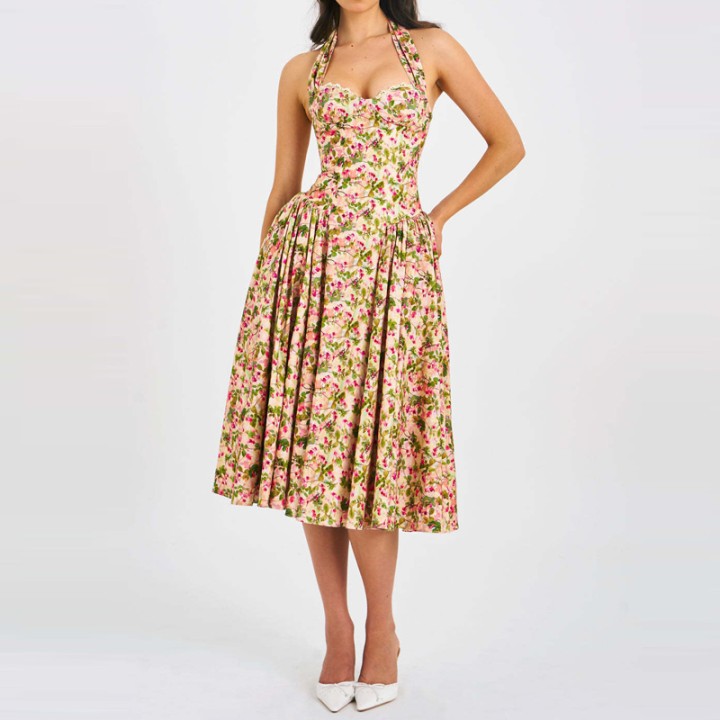 Women Floral Print Loose Boho Dress Halter Corset Bust Pleated Swing A‑line Long Dr