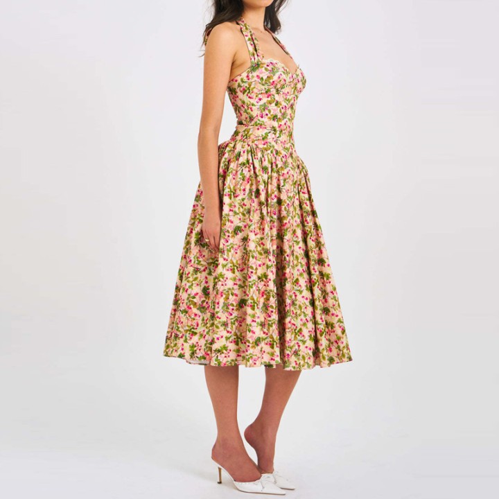 Women Floral Print Loose Boho Dress Halter Corset Bust Pleated Swing A‑line Long Dr