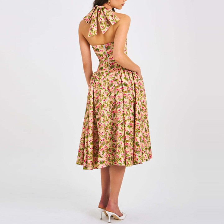 Women Floral Print Loose Boho Dress Halter Corset Bust Pleated Swing A‑line Long Dr
