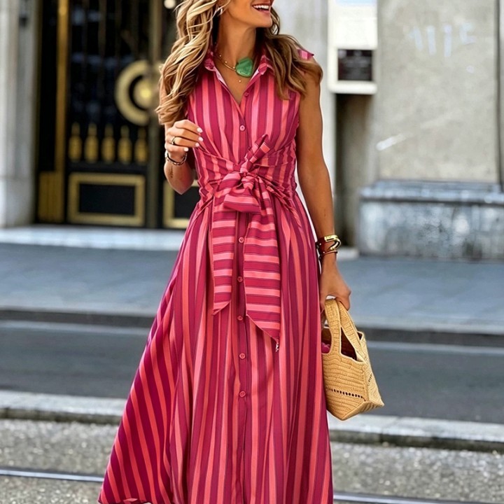 Women Elegant Laceup Slim Aline Long Dress Spring Striped Print Single Breasted Shirt