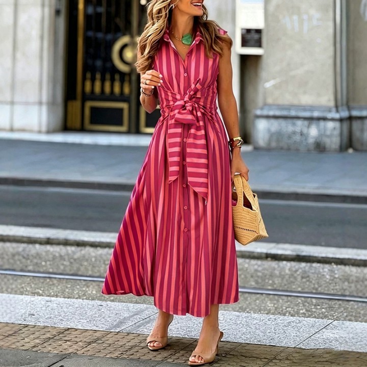 Women Elegant Laceup Slim Aline Long Dress Spring Striped Print Single Breasted Shirt
