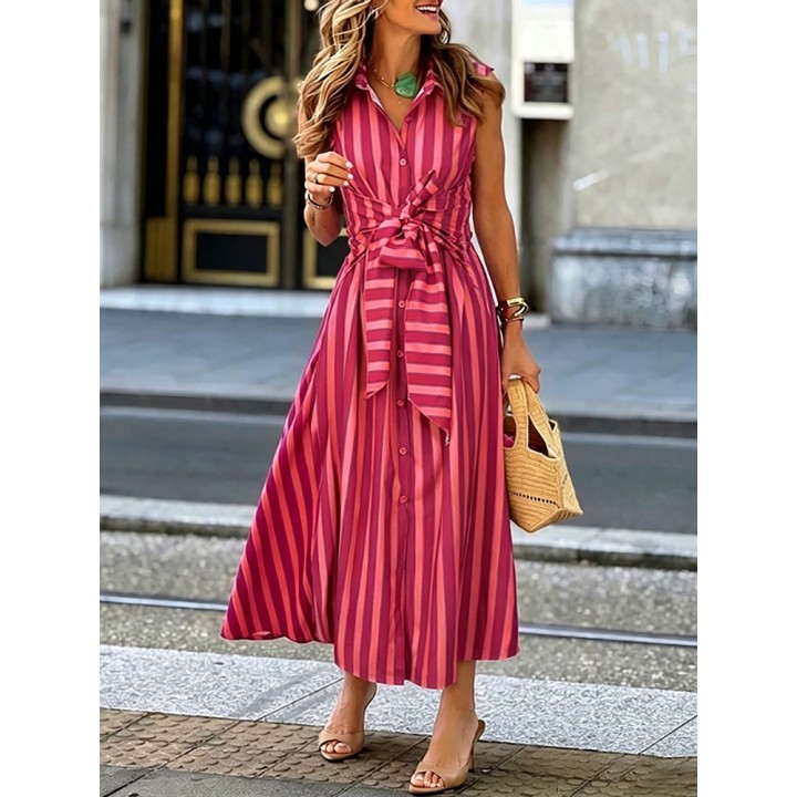Women Elegant Laceup Slim Aline Long Dress Spring Striped Print Single Breasted Shirt