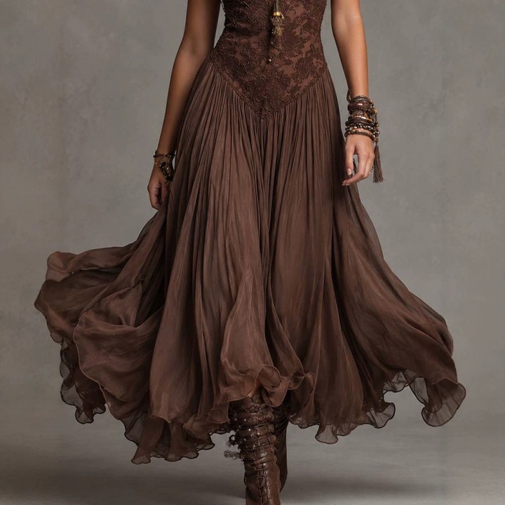 Women‘s Spaghetti Strap Lace Boho Midi Dress  V Neck Ruched Flowy Mesh Sheer Dress 