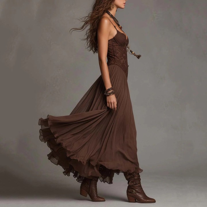 Women‘s Spaghetti Strap Lace Boho Midi Dress  V Neck Ruched Flowy Mesh Sheer Dress 