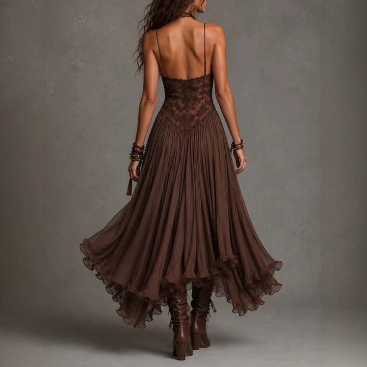Women‘s Spaghetti Strap Lace Boho Midi Dress  V Neck Ruched Flowy Mesh Sheer Dress 