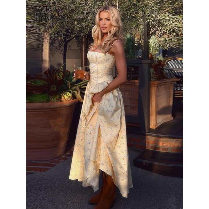Floral Print Spaghetti Strap Maxi Dress For Women Zipper Backless Corset Waist A Line
