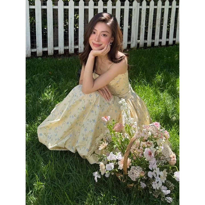 Floral Print Spaghetti Strap Maxi Dress For Women Zipper Backless Corset Waist A Line