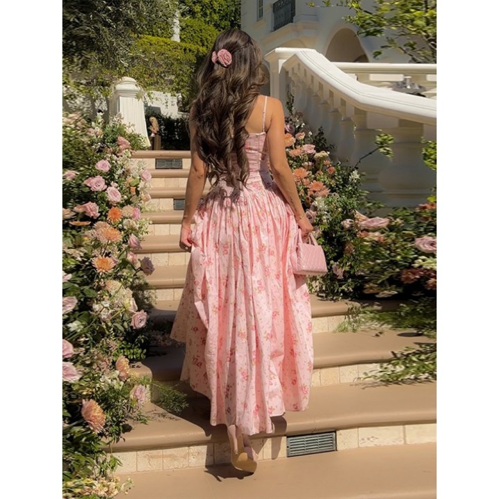Floral Print Spaghetti Strap Maxi Dress For Women Zipper Backless Corset Waist A Line