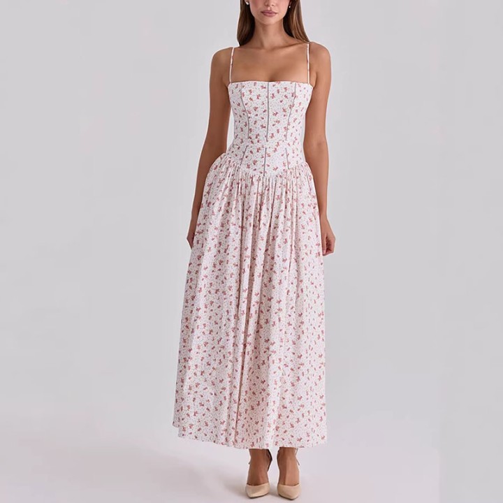 Floral Print Spaghetti Strap Maxi Dress For Women Zipper Backless Corset Waist A Line