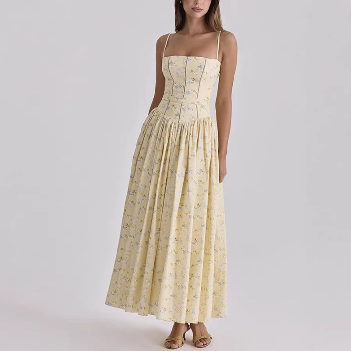 Floral Print Spaghetti Strap Maxi Dress For Women Zipper Backless Corset Waist A Line