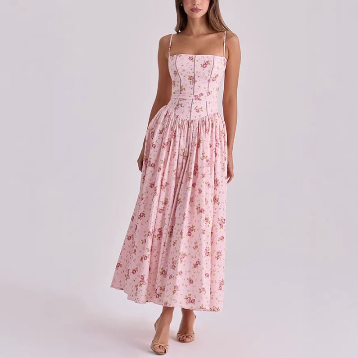 Floral Print Spaghetti Strap Maxi Dress For Women Zipper Backless Corset Waist A Line