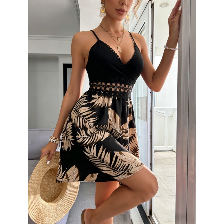 Womens Tropical Palm Print Cami Mini Dress V Neck Hollow Lace Waist Back Zipper Flow