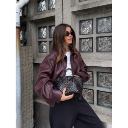 Wine Red Lapel Leather Short Coat Retro Womens Zipper Long Sleeve Jackets Female 202