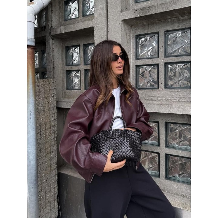Wine Red Lapel Leather Short Coat Retro Womens Zipper Long Sleeve Jackets Female 202