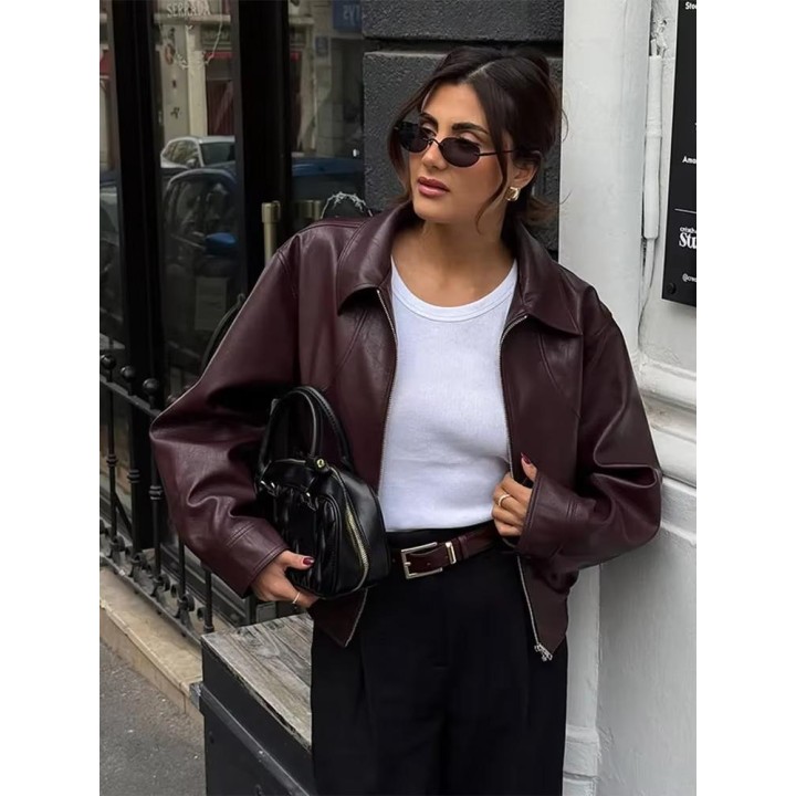 Wine Red Lapel Leather Short Coat Retro Womens Zipper Long Sleeve Jackets Female 202