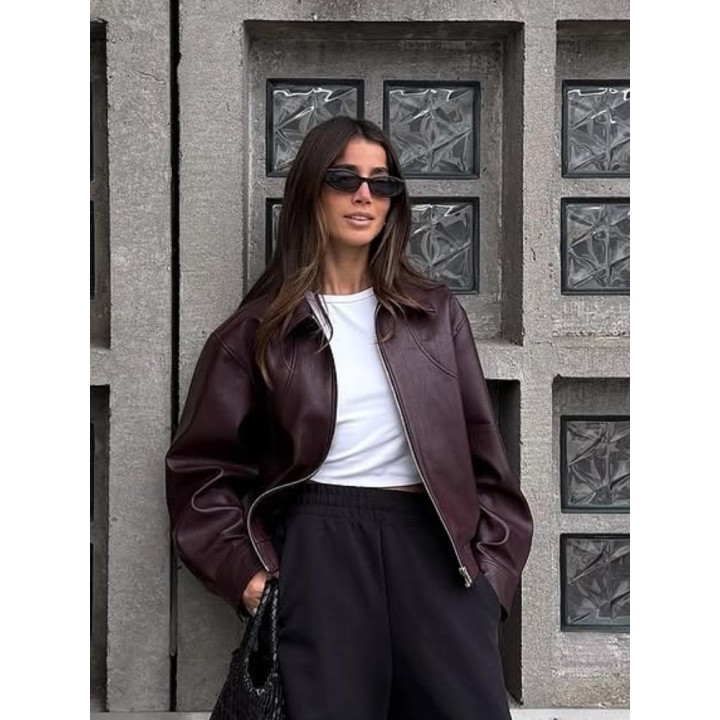 Wine Red Lapel Leather Short Coat Retro Womens Zipper Long Sleeve Jackets Female 202