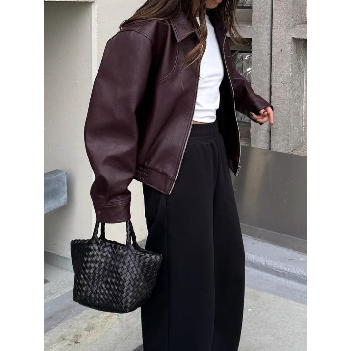 Wine Red Lapel Leather Short Coat Retro Womens Zipper Long Sleeve Jackets Female 202