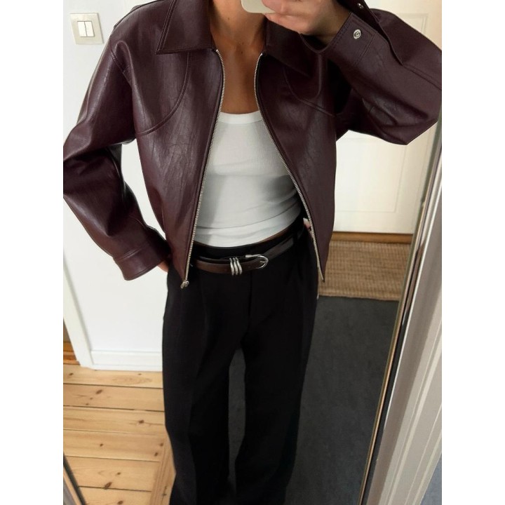 Wine Red Lapel Leather Short Coat Retro Womens Zipper Long Sleeve Jackets Female 202