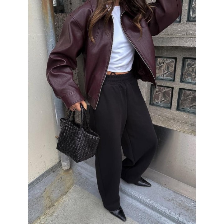 Wine Red Lapel Leather Short Coat Retro Womens Zipper Long Sleeve Jackets Female 202