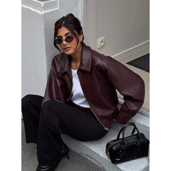 Wine Red Lapel Leather Short Coat Retro Womens Zipper Long Sleeve Jackets Female 202