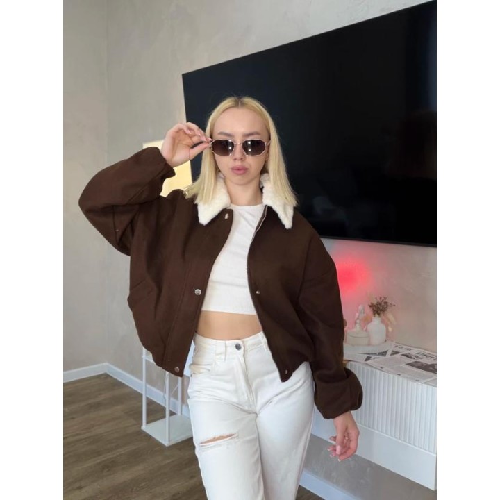 Women  Brown Cropped Jacket Faux Shearling Fur Collar Drop Zipper Snap Button Vintage
