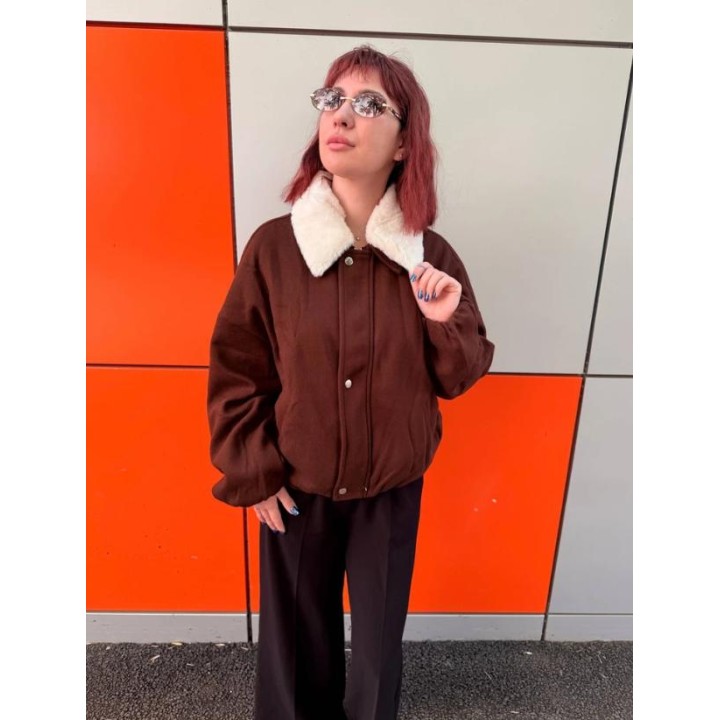Women  Brown Cropped Jacket Faux Shearling Fur Collar Drop Zipper Snap Button Vintage