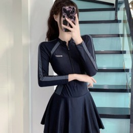 Athletic Long Sleeve One Piece Swimsuit Dress With Zipper Front Color Block Panel Tum