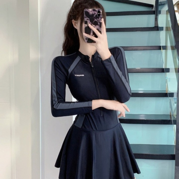 Athletic Long Sleeve One Piece Swimsuit Dress With Zipper Front Color Block Panel Tum