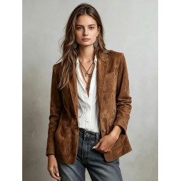 Elegant Brown Suede Womens Jacket Autumn Fashion Outerwear With Pockets And Buttons 