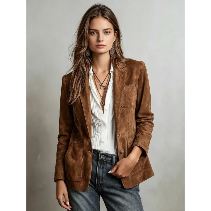 Elegant Brown Suede Womens Jacket Autumn Fashion Outerwear With Pockets And Buttons 