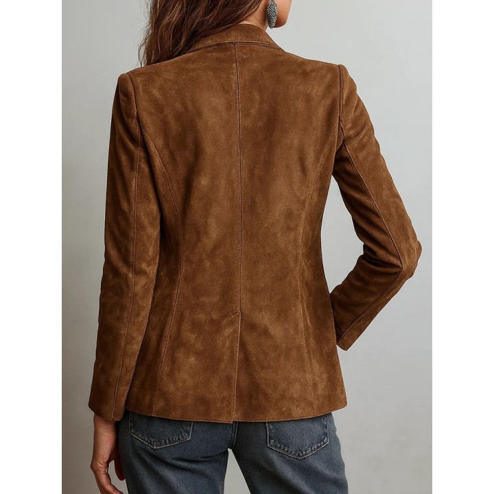 Elegant Brown Suede Womens Jacket Autumn Fashion Outerwear With Pockets And Buttons 