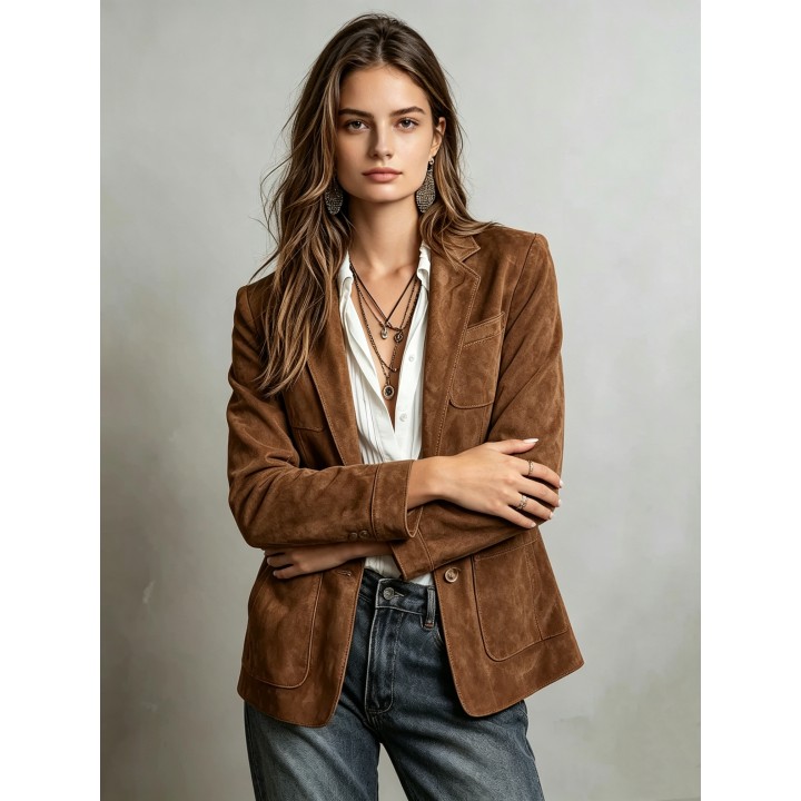 Elegant Brown Suede Womens Jacket Autumn Fashion Outerwear With Pockets And Buttons 