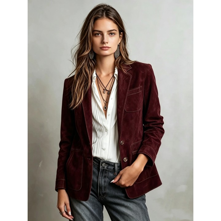 Elegant Brown Suede Womens Jacket Autumn Fashion Outerwear With Pockets And Buttons 